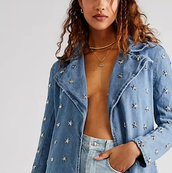 Free People x Understated Star Studded Denim Trench New - Picture 3 of 9